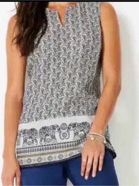 J.Jill Pure Linen Sleeveless Elephant Border Split-Neck Women's Top